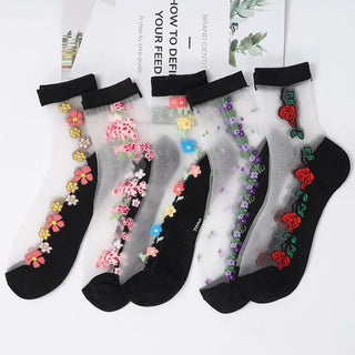 Buy a 5 Pairs/Lot Women&#39;s Crystal Cotton Ice Socks Summer Short Thin Glass Socks Cool Breathable Comfortable Flower Embroidered Socks