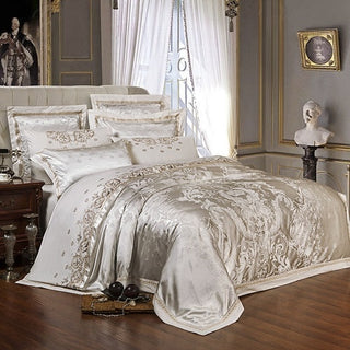 Buy color-2 Sliver Gold Luxury Silk Satin Jacquard Duvet Cover Bedding Set