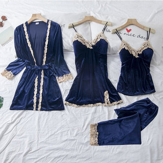 Buy navy-blue-c Autumn Winter Velvet Nightwear 4PCS Female Pajamas Set