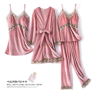 Buy pink-b Autumn Winter Velvet Nightwear 4PCS Female Pajamas Set