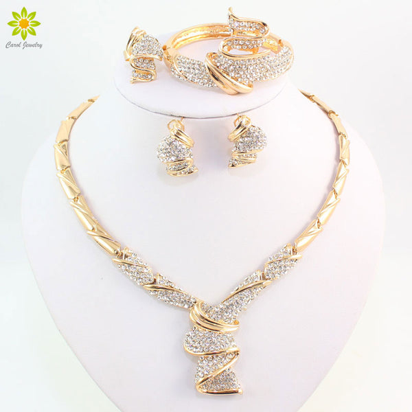 Wholesale Fashion Gold Color Alloy Rhinestone Wedding Jewelry Sets Necklace Bracelet Ring Earrings for Women Bridal