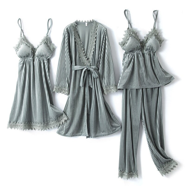 Autumn Winter Velvet Nightwear 4PCS Female Pajamas Set