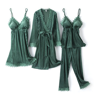 Buy grass-green-a Autumn Winter Velvet Nightwear 4PCS Female Pajamas Set