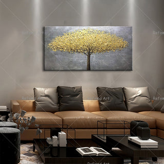 3D Palette Knife Hand-Painted Canvas Oil Painting Abstract Golden Silver Rich Tree Living Room Bedroom Modern Wall Trendy Decor